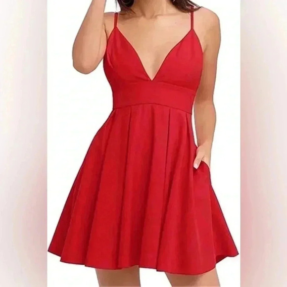 Lulus Red V-Neck Spaghetti Strap Skater Dress | Fit & Flare Party Dress L - Picture 3 of 13
